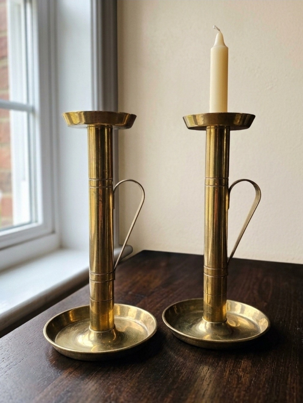 Rare Vintage Signed Brass Trumpet Handled Candlestick Holders Pair